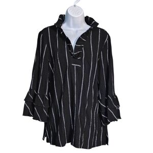 Ali Miles Black Striped Artsy Wire Collar Ruffles Women's Blouse Size M